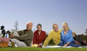 Senior couples having a picnic in meadow